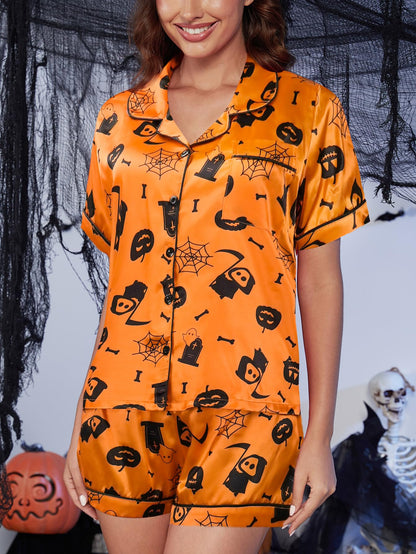 YIJIU Womens Halloween Satin Silky Pajama Sets Short Sleeve Sleepwear Button Down Loungewear 2 Piece Pjs Shorts Set,Halloween Orange,XS