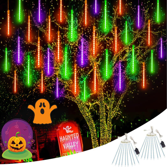 YIQU 2-Pack Extendable Halloween Lights Outdoor, 18 Tubes 432 LED Meteor Shower Falling Icicle Rain Lights Plug-in for Tree Garden Patio Horror Decorations (Orange Purple and Green)