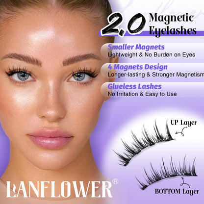 Lanflower Magnetic Eyelashes Reusable Natural Look Magnetic Lashes with Applicator Wispy False Eyelashes with Magnets No Eyeliner
