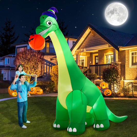 zukakii 13Ft Giant Halloween Dinosaur Inflatable Decorations, Bite Large Pumpkin with Witch Hat Build-in LED Light Strong Blower Huge Blow Up Yard Clearance Decor for Outdoor Indoor Holiday Party Yard