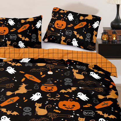 WONGS BEDDING Halloween Duvet Cover Set Queen Size,Black Bedding Set with Halloween Theme Pumpkin Witch Ghost Skull Black Cat Bat Patterns Duvet Cover for Halloween 90"x90"(Not Comforter)