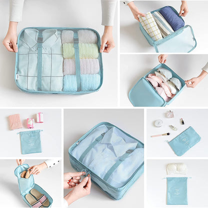 LANSKLBD 8 Set Packing Cubes for Suitcases Travel Luggage Packing Organizers,Travel Essentials Accessories Luggage Organizer with Shoe Bag Tioletry/Laundry Bag (light blue)