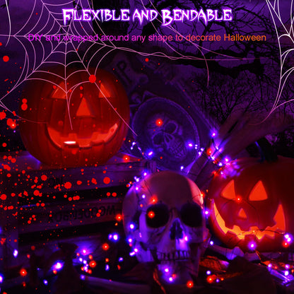 2 Pack Halloween Fairy Lights Battery Operated 200 LED 66Ft Silver Wire Starry String Lights Auto Timer 8 Modes Waterproof Mini String Lights for Outdoor Garden Yard, Fence Decor (Purple & Orange)