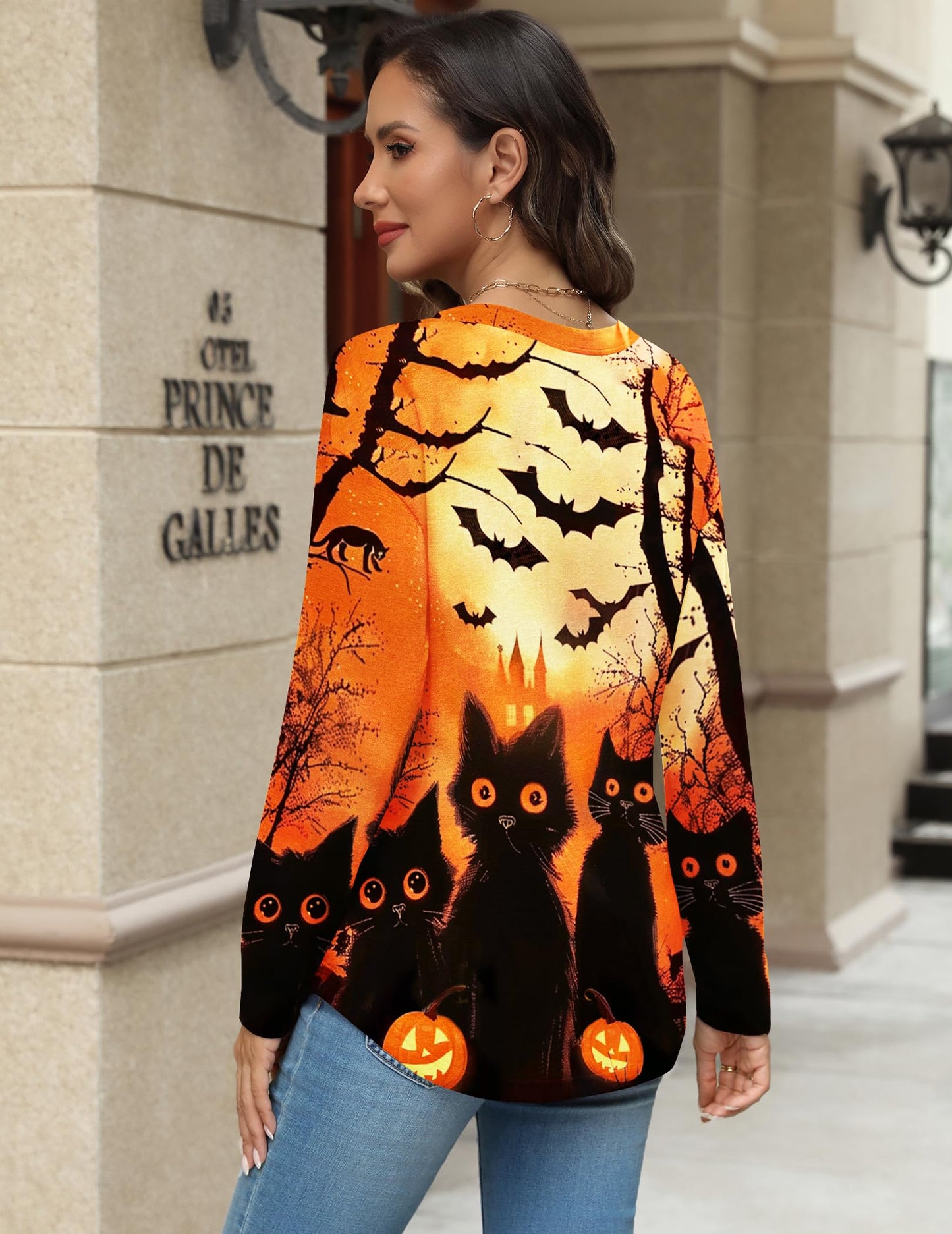 Zeagoo Womens Long Sleeve Shirts Fall Outfits Tops Spooky Season Tees for Halloween Celebrations