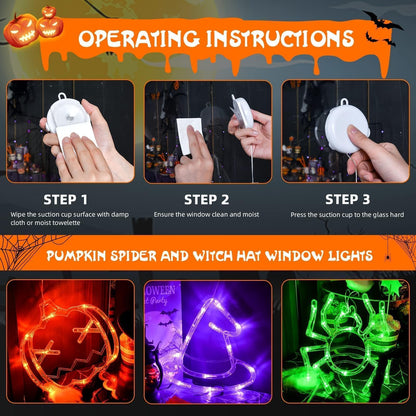 LOLStar Halloween Window Decorations 3 Pack Orange Pumpkin Green Spider Purple Witch Hat Battery Operated Window Lights with Suction Cup Slow Fade Timer Function Halloween Indoor Lights for Windows