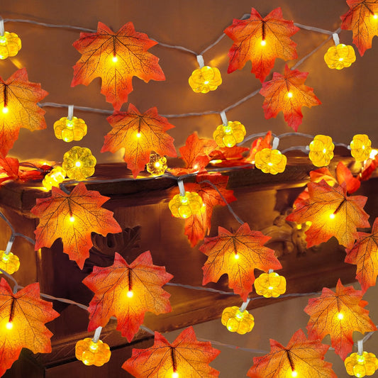 2 Pack & Timer - Fall Garland with Pumpkin Lights Halloween Fall Decor for Home 60LED 20Ft Enlarged Maples Leaves Halloween Garland Lights Indoor Battery Operated Thanksgiving Decor Wedding Christmas