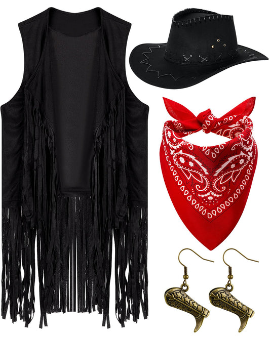 Xtinmee 4 Pcs Halloween Western Cowgirl Outfits Set Women Tassel Vest Cowboy Hat Dangle Drop Earring Paisley Bandana Dress up(Small,Black)