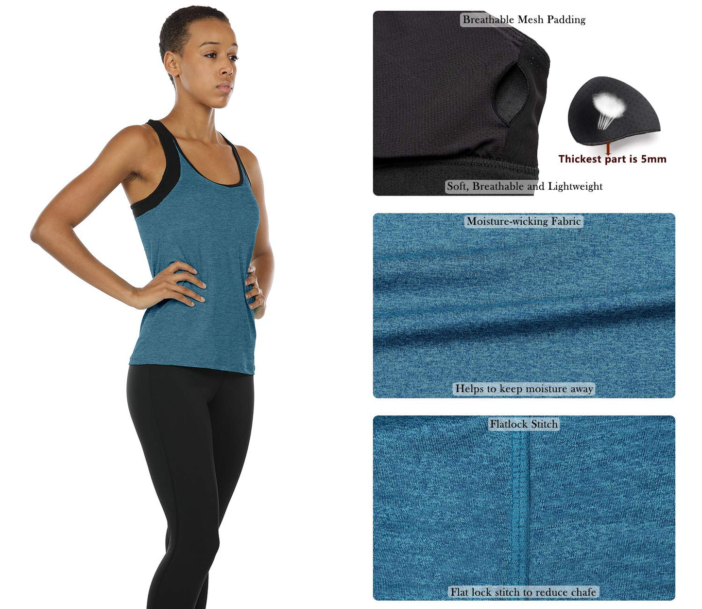 icyzone Women Workout Yoga Spaghetti Strap Racerback Tank Top with Built in Bra (S, Baltic)