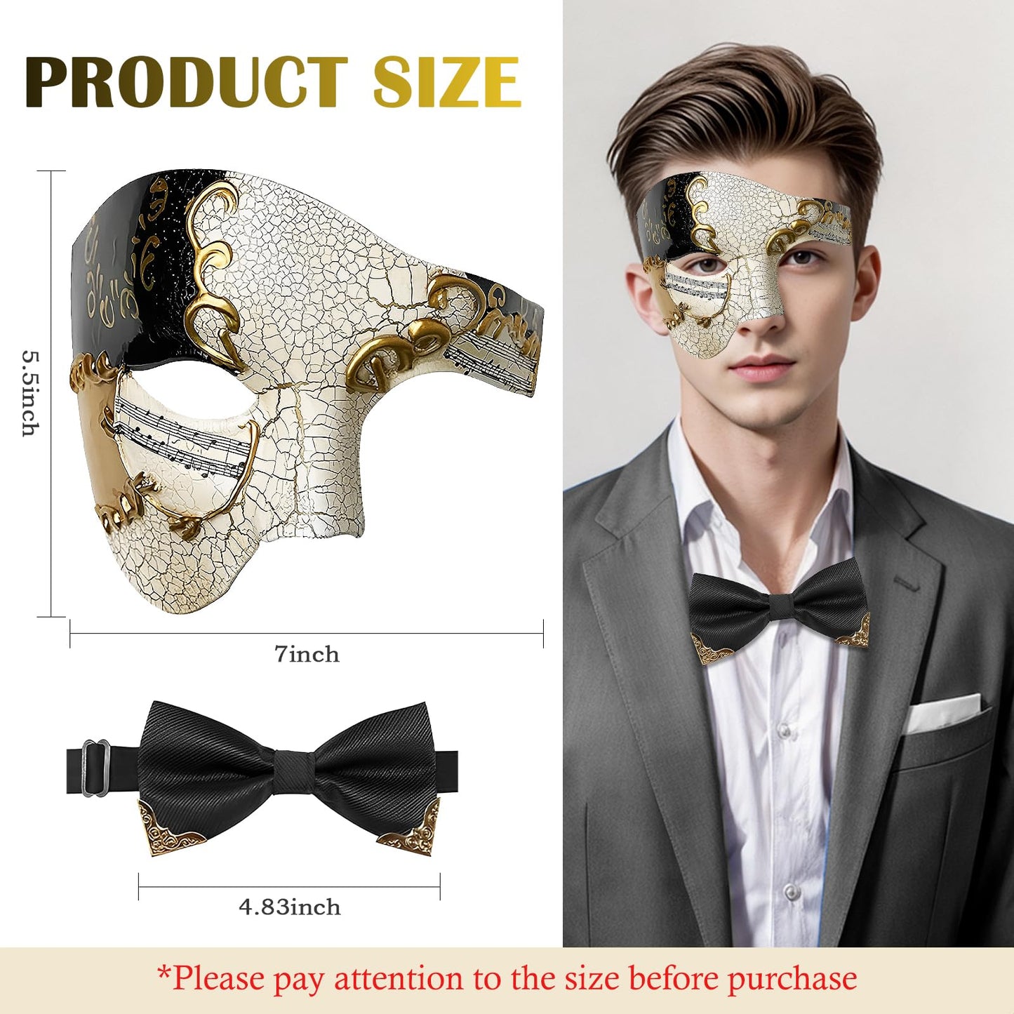 IncreDecor Masquerade Mask for Men Phantom of The Opera Half Face Mask with Bowtie, Venetian Masks for Halloween Party (Black)