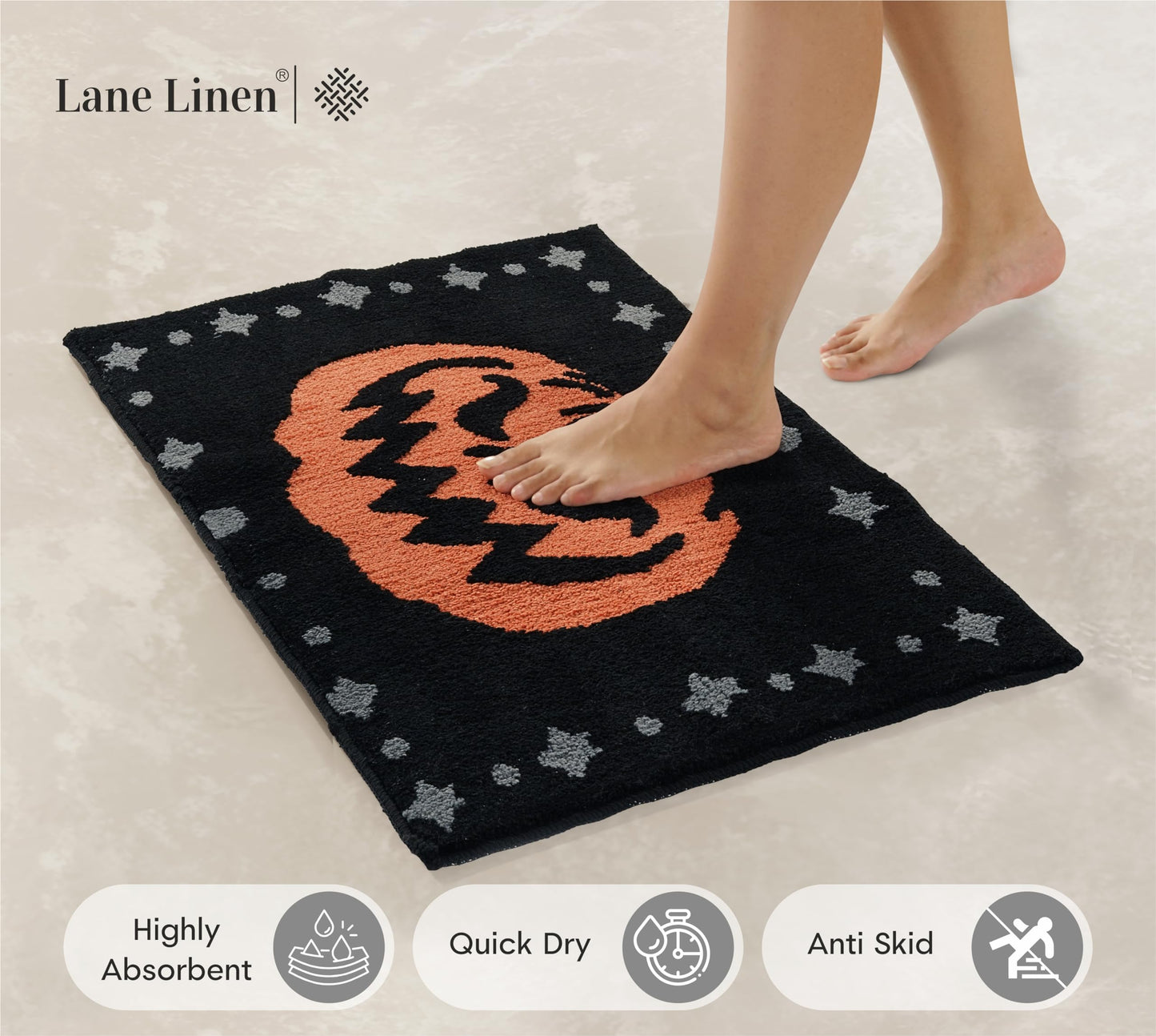 LANE LINEN Halloween 2 Pc Pumpkin-Style Bath Mats, Non Slip, Absorbent 20' x 32', Jack-O-Lantern