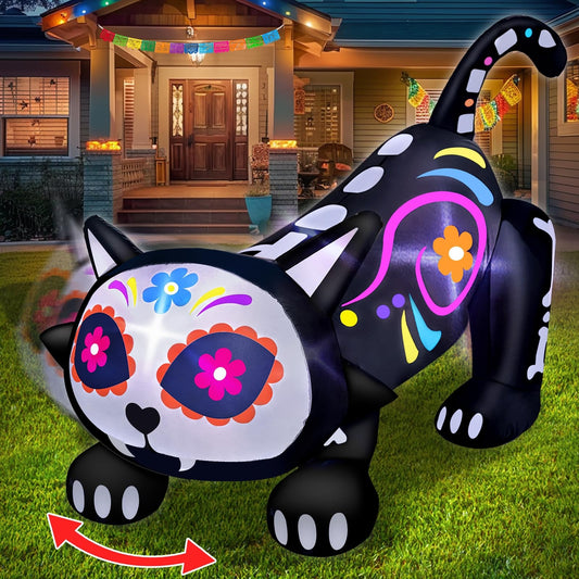 [ Shakable Head ] 5 Ft Day of The Dead Halloween Inflatables Skeleton Black Cat with Sugar Skull, Dia De Los Muertos Decorations Blow Up Calaveras Cat Decorations with Built-in LEDs Yard Lawn Garden