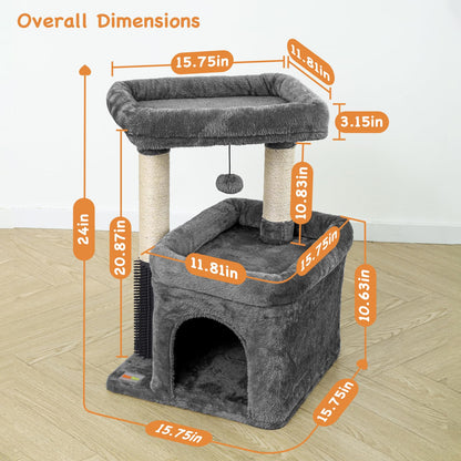 Innsfurr Small Cat Tree for Indoor Cats, Cat Tower with Scratching Posts for Multiple Cats, Plush Cozy Perch, Cat Massage Brush, Activity Hanging Pompoms, Dark Grey