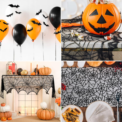 ZeeDix 39 Pcs Halloween Decorations Kit Black Lace Spiderweb Round Tablecloth Table Runner, Giant Spider Cobweb Fireplace Scarf with 36PCS Scary 3D Bats Wall Stickers for Halloween Party Decor