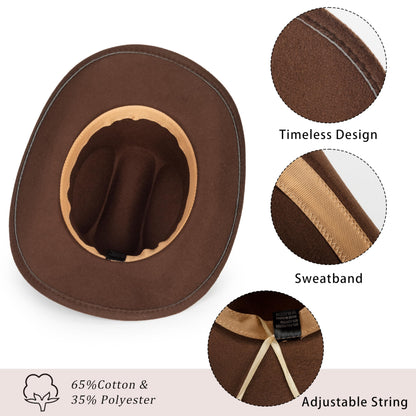 Womens Western Cowboy Hats Studded Pinched Western Cowgirl Hats Wide Brim Fedoras Hat with Belt Buckle (Size:Medium) Brown