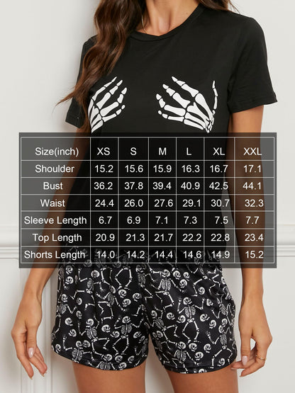 Laqeyko Halloween Pjs Women Skeleton Pajamas Sets Short Sleeve Crop Tee Shirt Top And Shorts Two Pieces Sleepwear Sets M