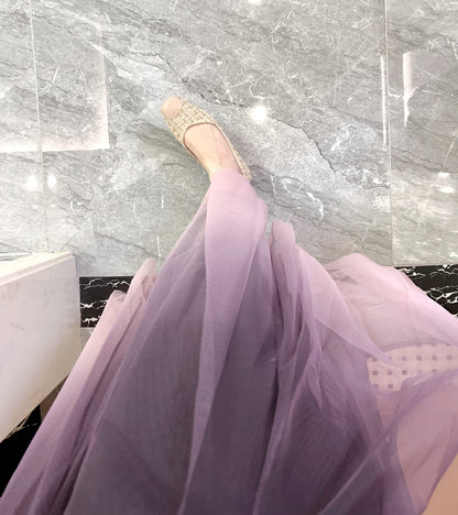 Women’s Tulle Skirts Midi Elastic High Waist Pleated Mesh Flowy A-Line Party Long Tutu Skirt Gradient Purple