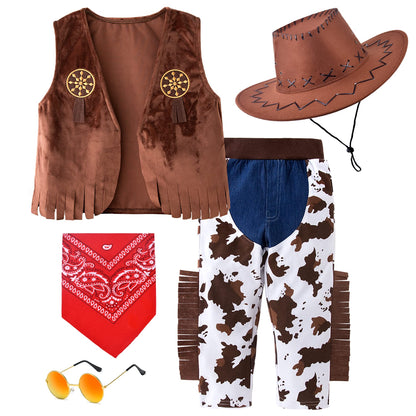 ZZIHAN Kids Cowboy Costume Chaps Vest for Boys Role Play Cowboy Cowgirl Hat Bandanas Sunglasses Dress up Accessories for Toddlers Boys Girls Birthday Party Halloween Christmas Cosplay Gift 3-5T