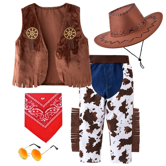ZZIHAN Kids Cowboy Costume Chaps Vest for Boys Role Play Cowboy Cowgirl Hat Bandanas Sunglasses Dress up Accessories for Toddlers Boys Girls Birthday Party Halloween Christmas Cosplay Gift 3-5T
