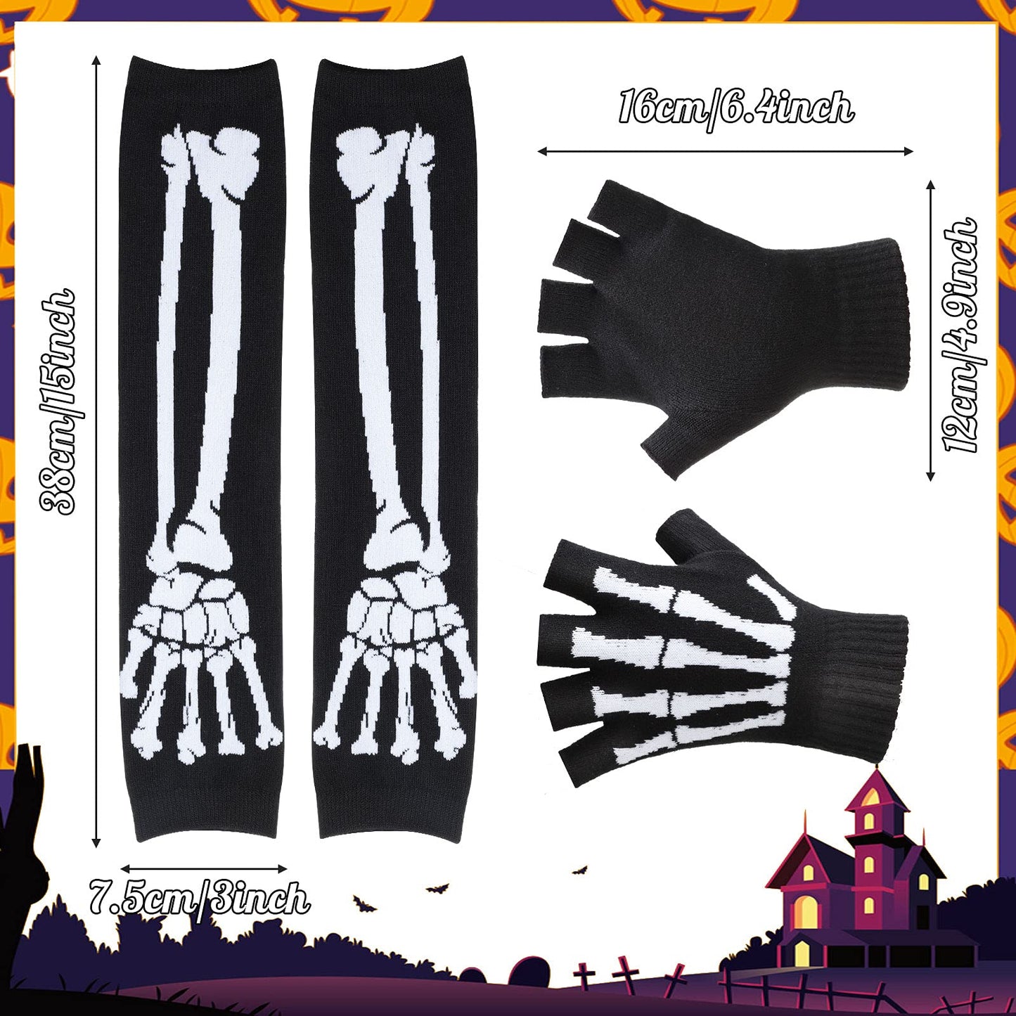 Zhanmai 2 Pairs Halloween Skeleton Gloves Elastic Knitted Fingerless Hand Warmer Unisex Warm Half Finger Gloves for Men and Women