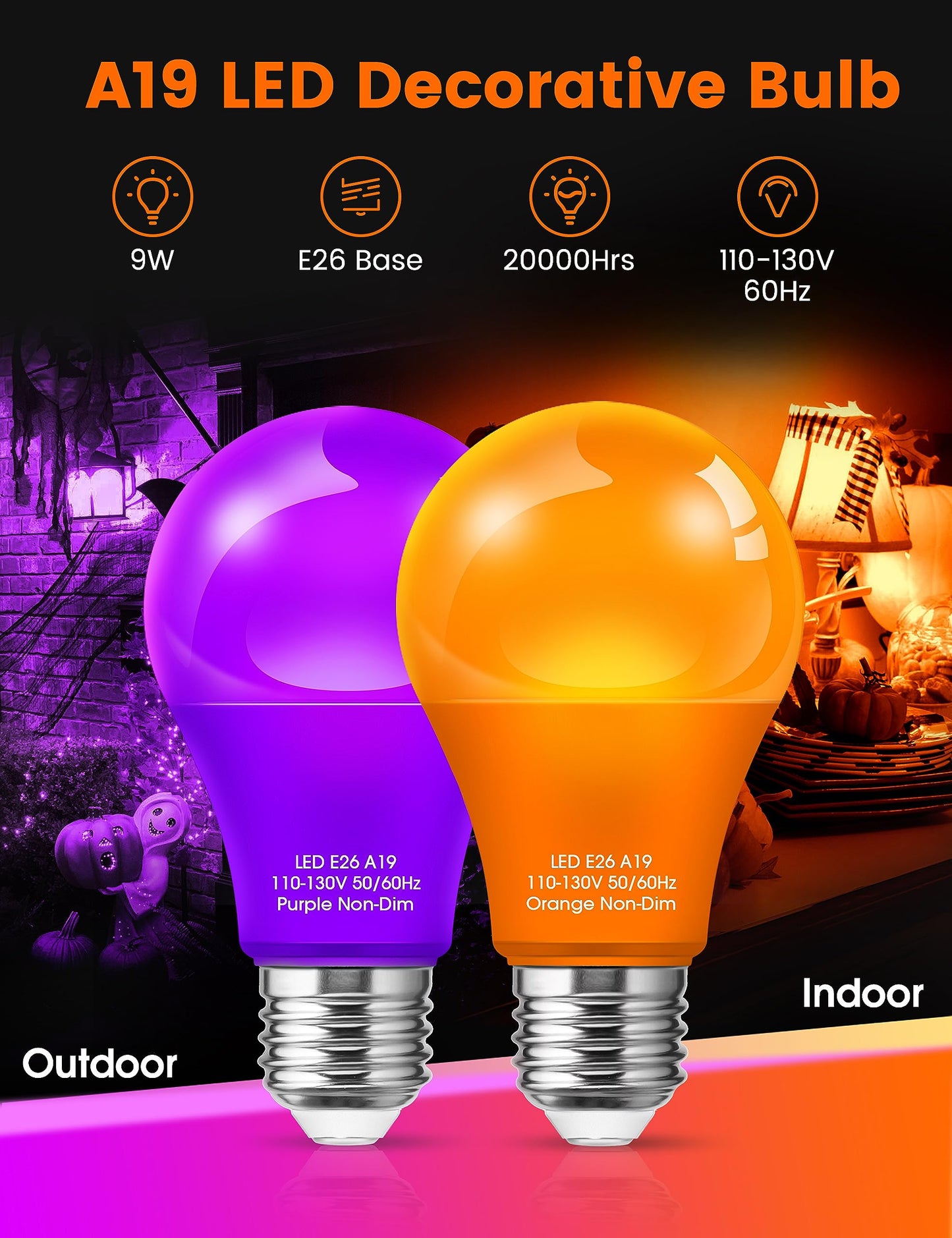 Woxeon Orange Light Bulbs Purple Light Bulbs [4 Pack] - A19 LED Orange Bulb Purple Bulb 9W (60W Equivalent) - E26 Base Outdoor for Halloween Party Porch Holiday Decor