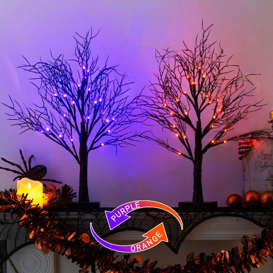 2 Pack Halloween Tree, Vanthylit Black Tree with Orange Purple Bi-Color Led Lights 6 Functions, USB & Battery Operated Lighted Willow Branch for Indoor Halloween Decorations (22 inch,24 LED)