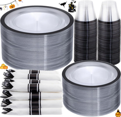I00000 350 Pcs Clear and Black Plastic Plates,Black Dinnerware Set, Include 50 Dinner and 50 Dessert Plates,50 Plastic Cups,50 Per Rolled Napkins with Cutlery for Party,Wedding,Halloween