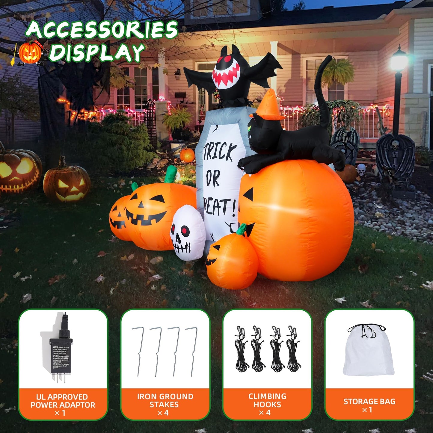 YOUBEMAGIC 7FT Long Halloween Inflatable Pumpkin Patch with Tombstone & Black Cat & Bat, Blow up Halloween Inflatable with Build-in LED Lights Outdoor Decorations Large Party Yard Decoration