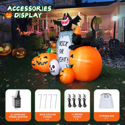 YOUBEMAGIC 7FT Long Halloween Inflatable Pumpkin Patch with Tombstone & Black Cat & Bat, Blow up Halloween Inflatable with Build-in LED Lights Outdoor Decorations Large Party Yard Decoration