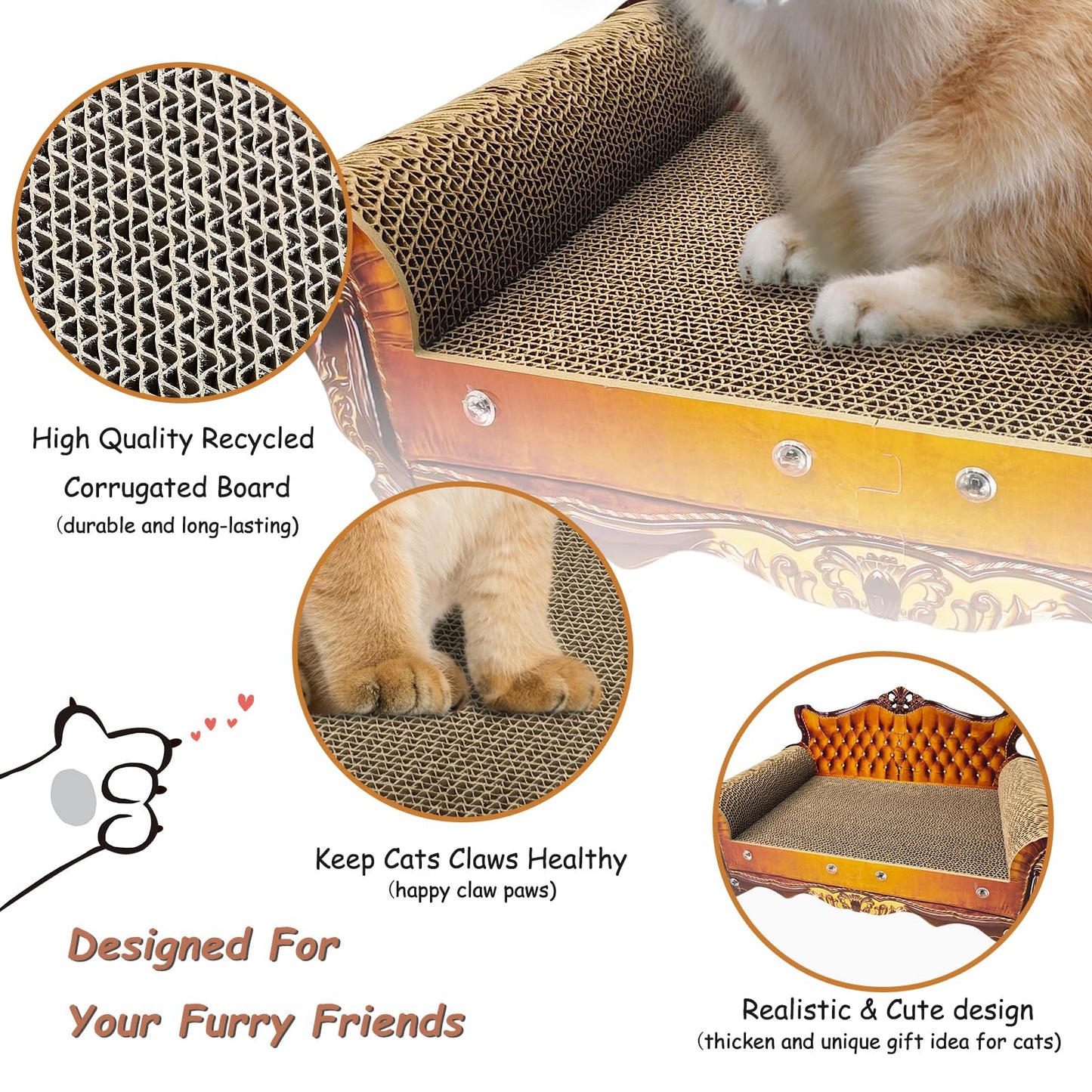 INRLKIT Luxury Cardboard Cat Scratcher Sofa Bed, Couch Shaped Cat Scratching Board, Scratch Lounge with Catnip, Scratcher for Indoor Cats(Brown)