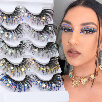 Zegaine Glitter Colored False Eyelashes Wispy 5 Pairs Dramatic Cat Eye Festival Lashes Pack 5 Styles
