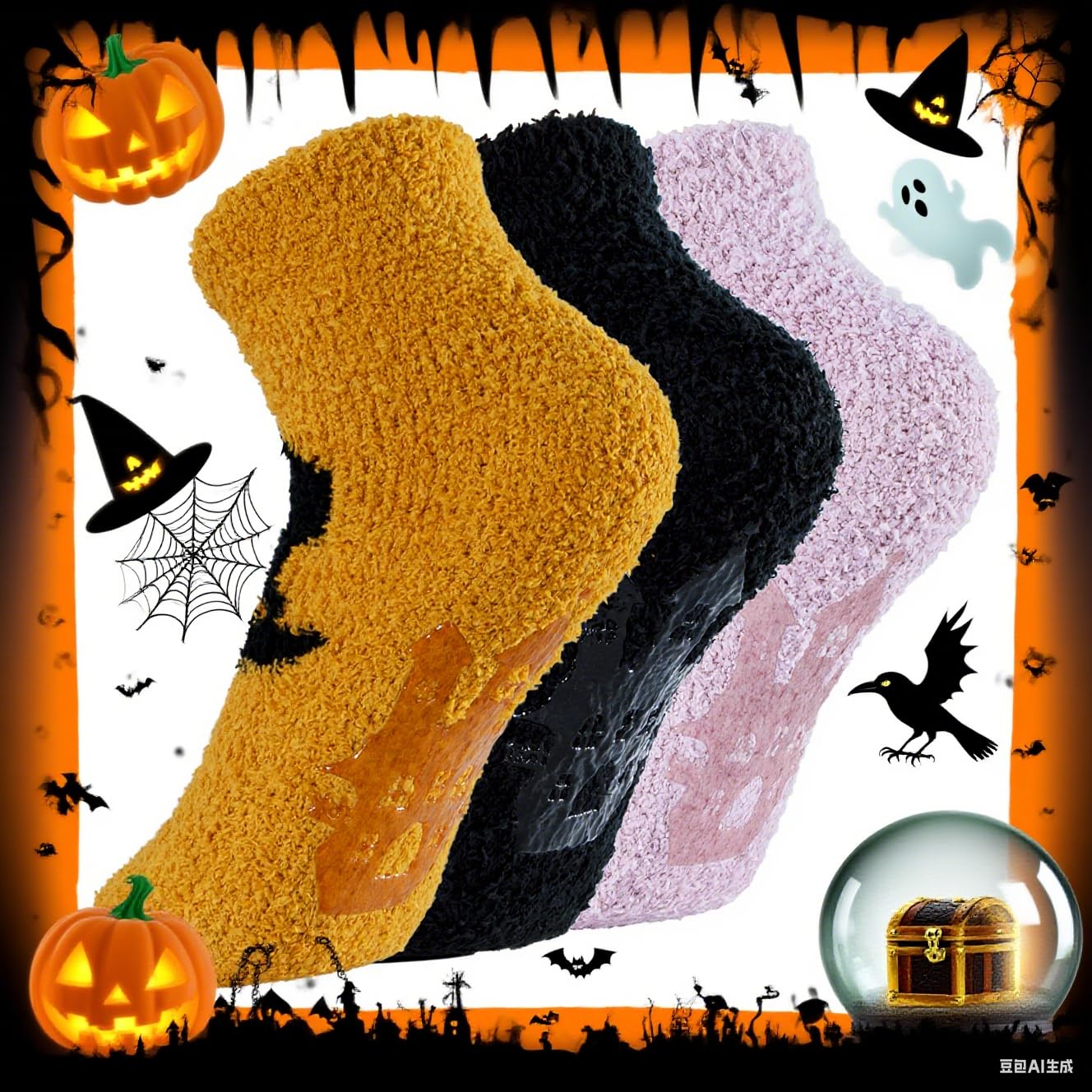 Zando Halloween Women's Fuzzy Socks for Women Slipper Socks - Cozy Fluffy Non-Slip Warm Cloud Soft Cute Thick Comfy,for Home, Hospital, Yoga, Work A 3/Ghost print