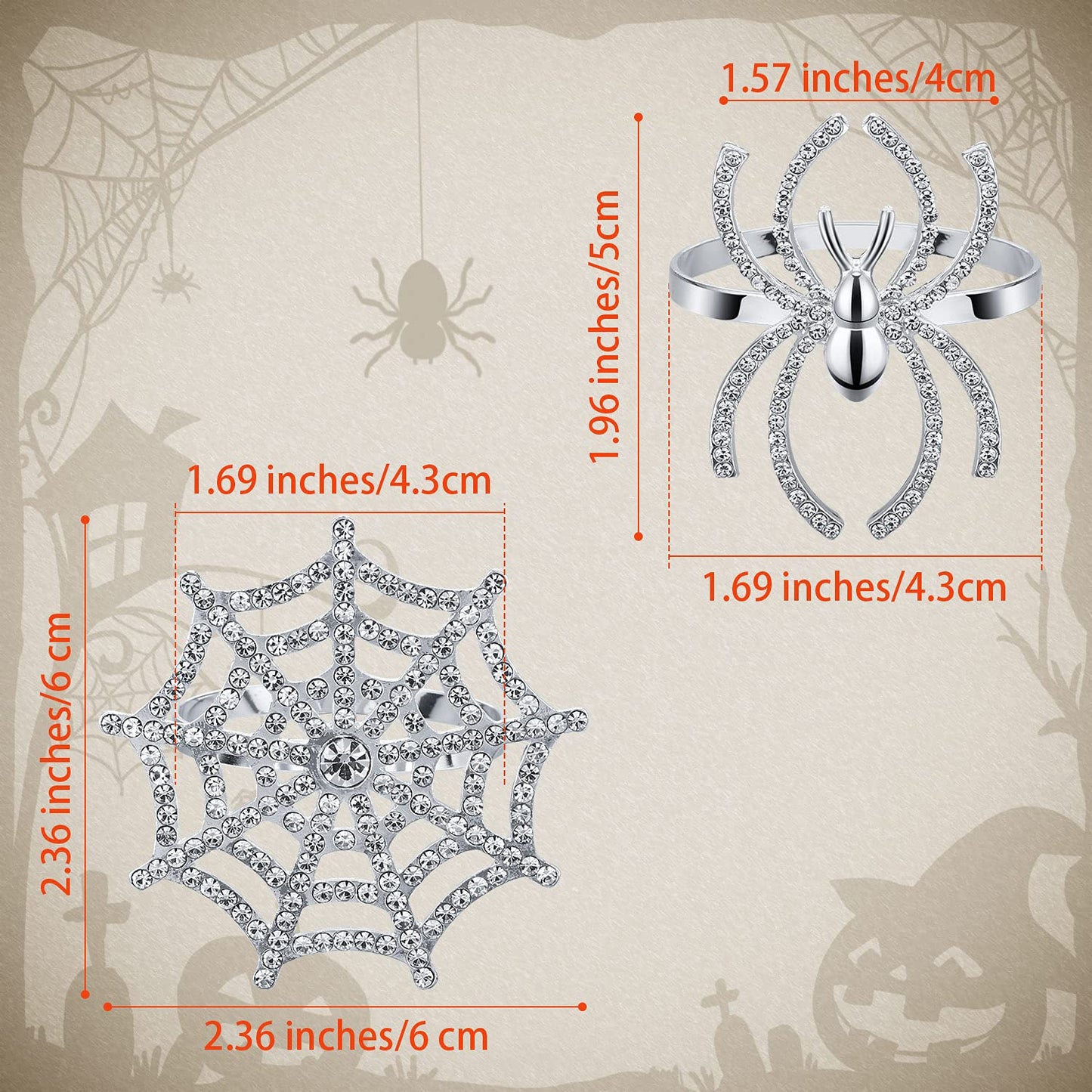 12 Pieces Spider Napkin Rings Halloween Napkin Ring Spider Web Napkins Rings Set Metal Spooky Napkins Holder Serviette Buckle Party Supplies for Halloween Dinning Costume(Silver,with Rhinestone)