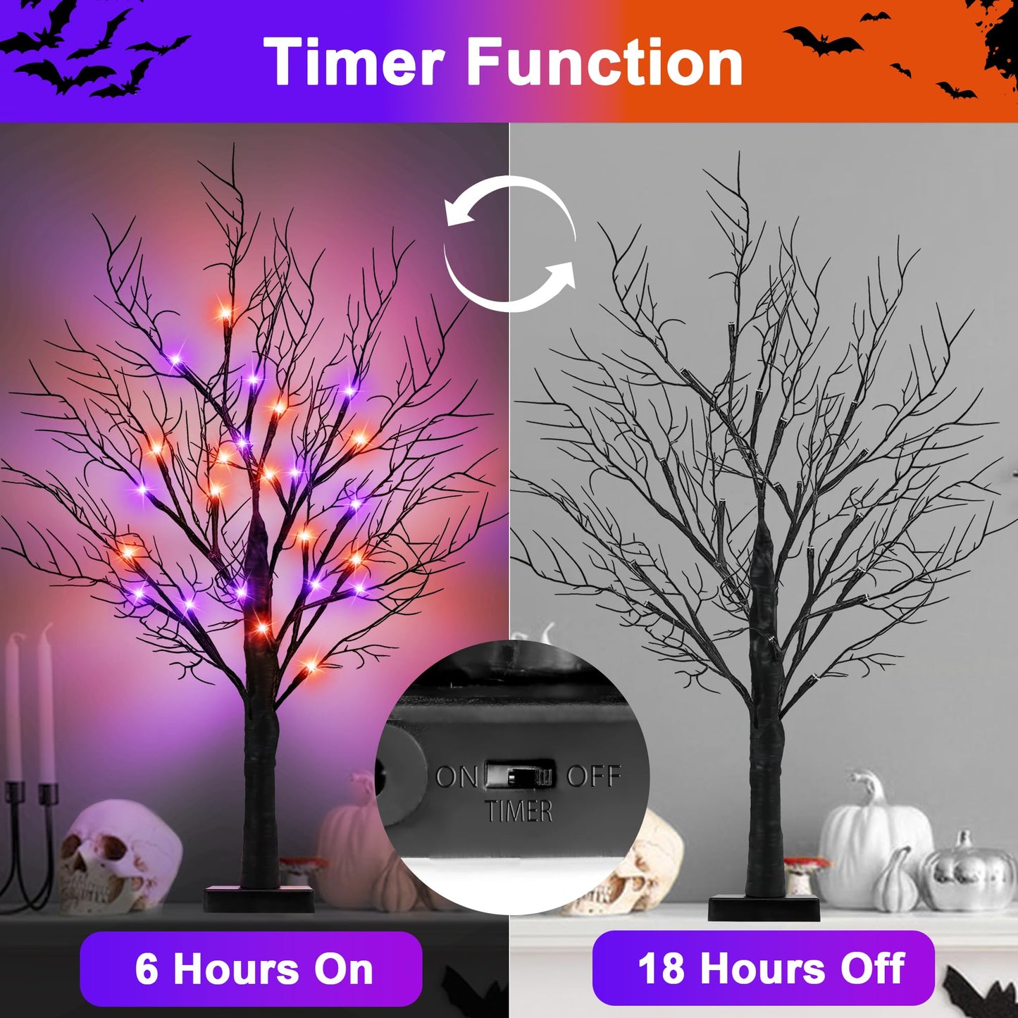 [Timer] 2 Pack Halloween Decorations Indoor, 24 Inch Halloween Tree with 24 Orange & Purple Lights, USB & Battery Operated Black Spooky Tree Halloween Table Decorations Indoor Home Party Decor Room