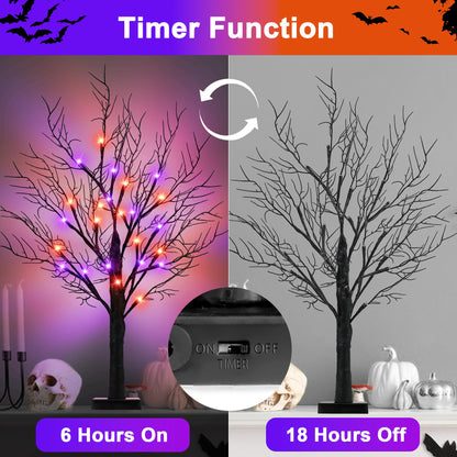 [Timer] 2 Pack Halloween Decorations Indoor, 24 Inch Halloween Tree with 24 Orange & Purple Lights, USB & Battery Operated Black Spooky Tree Halloween Table Decorations Indoor Home Party Decor Room