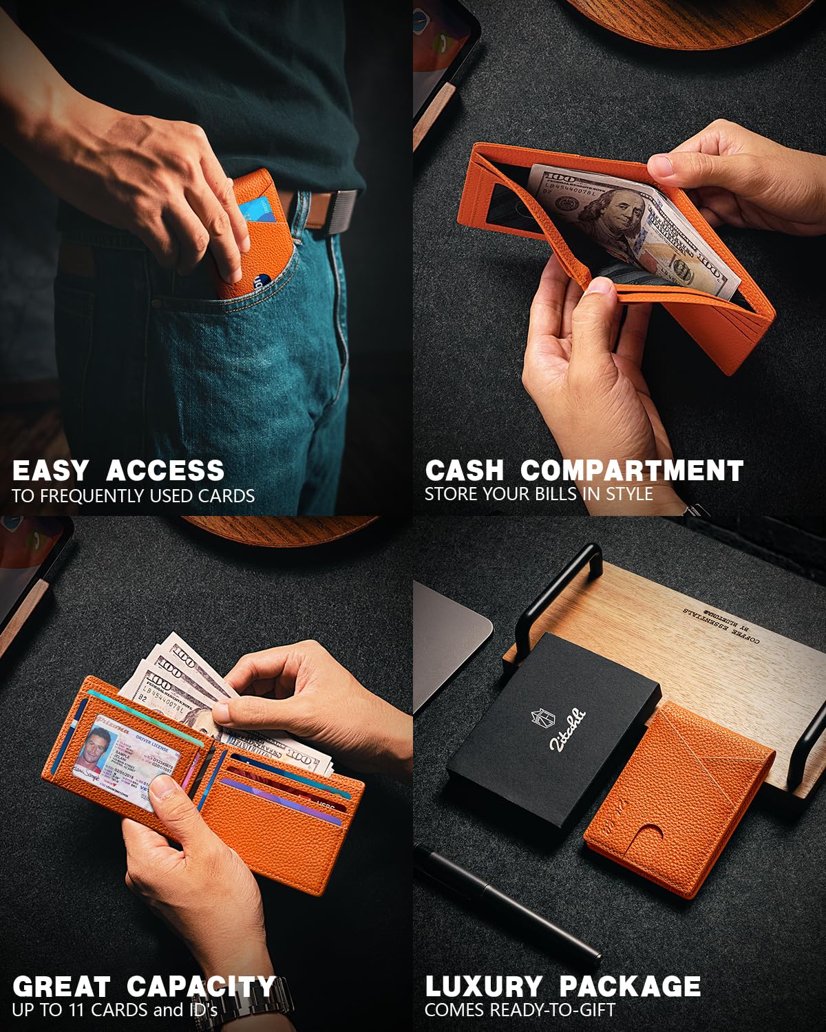 Zitahli Men's Slim RFID Blocking Leather Wallet - Premium Bifold Front Pocket Wallet with Gift Box,Leather Card Holder for Everyday Carry