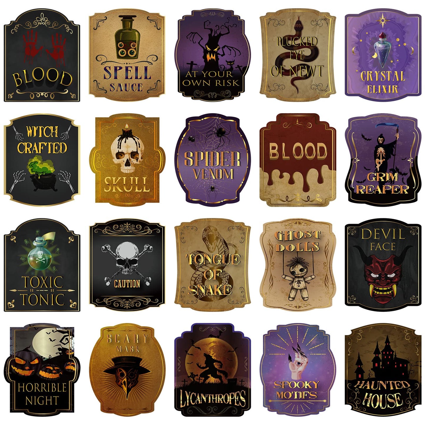 Zonon 80 Pcs Creepy Apothecary Bottle Labels Animal Medicine Bottle Stickers Potions Labels Waterproof Vintage Laminated Stickers for Summer Halloween Party Supplies Photo Props, 20 Styles