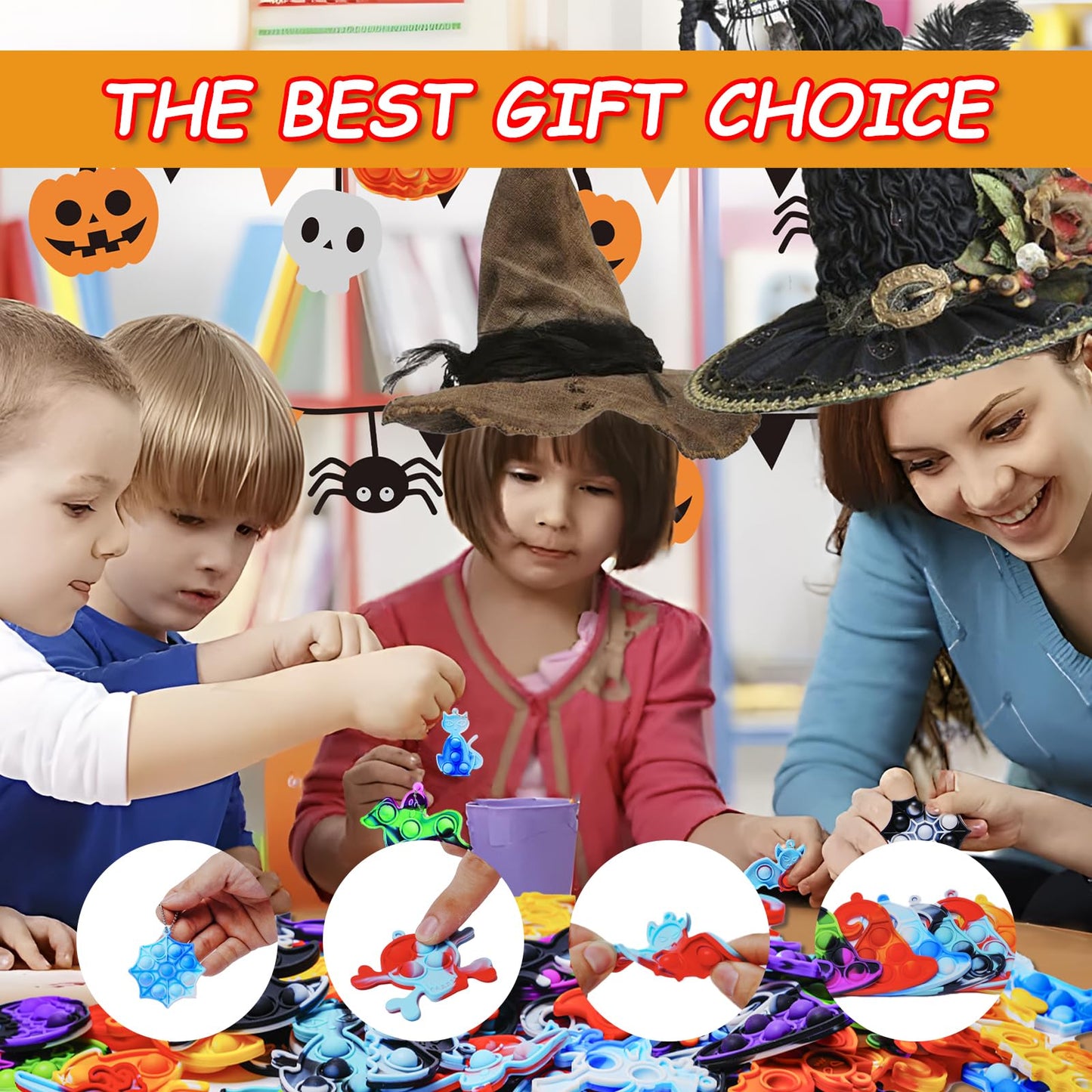 ZEAYOU 80Pcs Halloween Party Favors for Kids, Halloween Fidgets Toys with Mini Pop Keychain, Halloween Fidget Sensory Pop Toys, Classroom Prizes Box, Treasure Chest Treat Bags Gifts, Stress Relief