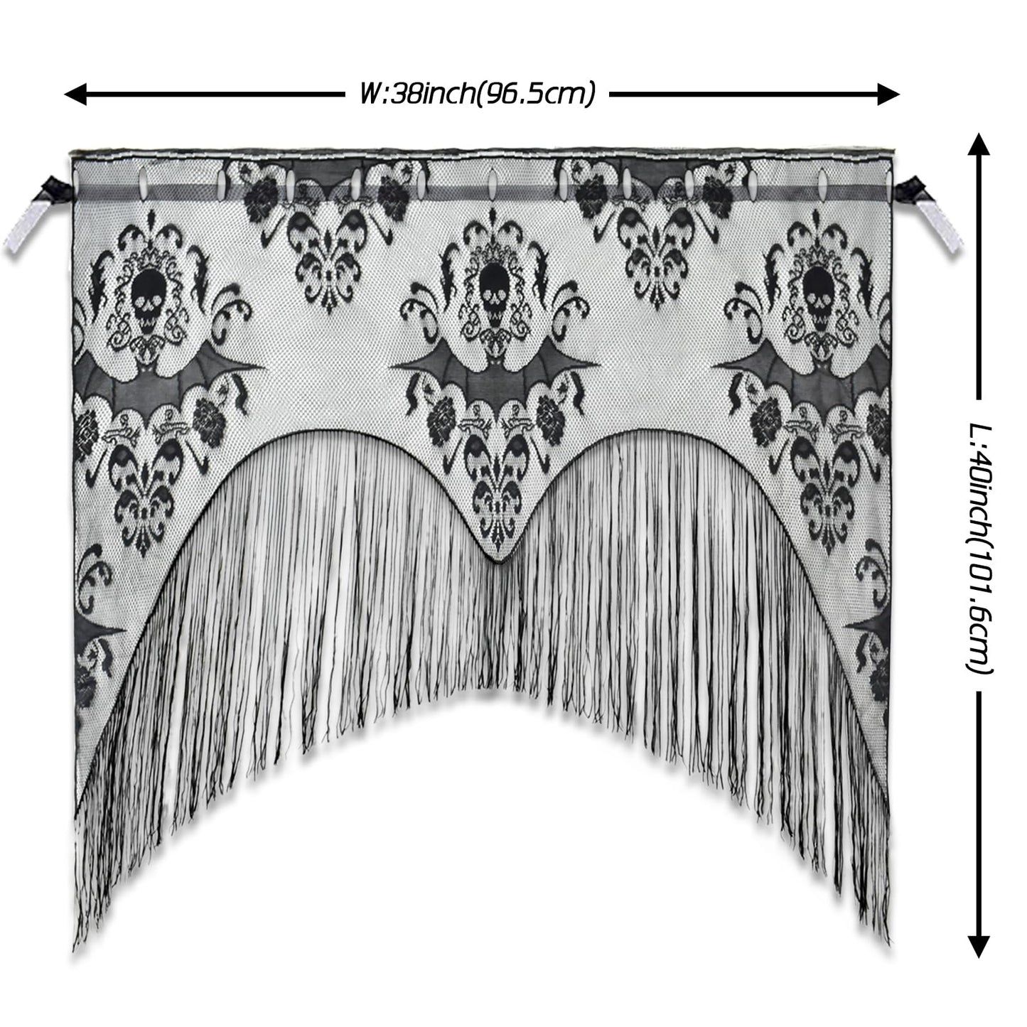 ZeeDix 2 Pcs Halloween Lace Skull Window Curtain- Black Tassel Door Curtain for Halloween Home Party Decorations, Party Supplies