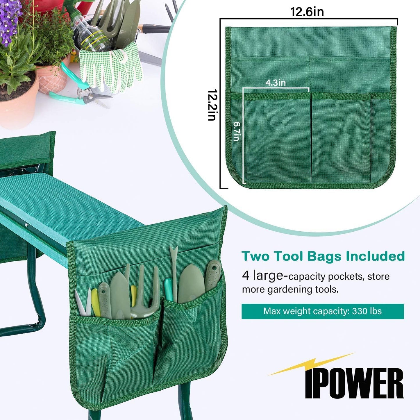 iPower Upgraded Garden Kneeler and Seat, with Sturdy Soft EVA Foam Pad, 2 Tool Pouch, Hold 330lb, Portable Foldable Kneeling Bench, for Gardening, Fishing, Camping, Green