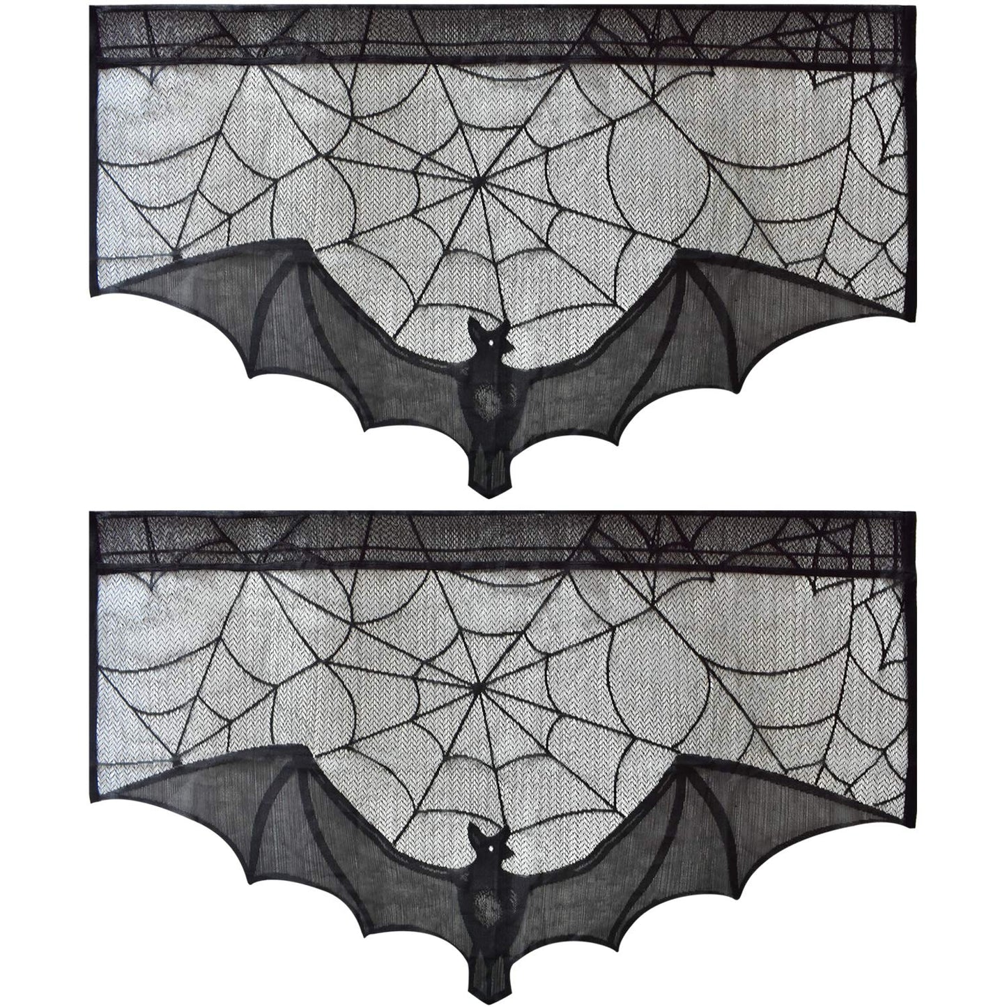 ZeeDix 2 Pcs Halloween Black Lace Bat Window Curtains- Spiderweb Tablecloth Bat Shower Curtain Window Valance Spider Cobweb Fireplace Mantles Scarf for Halloween Party Decor, Party Supplies
