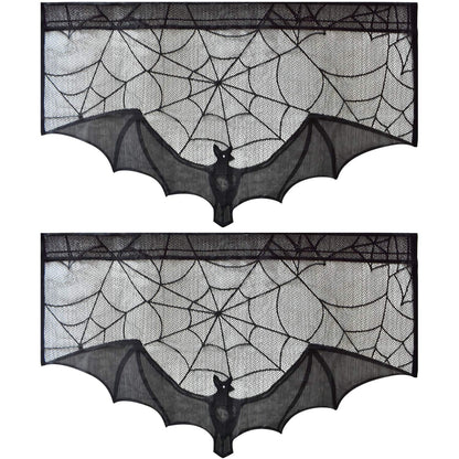 ZeeDix 2 Pcs Halloween Black Lace Bat Window Curtains- Spiderweb Tablecloth Bat Shower Curtain Window Valance Spider Cobweb Fireplace Mantles Scarf for Halloween Party Decor, Party Supplies