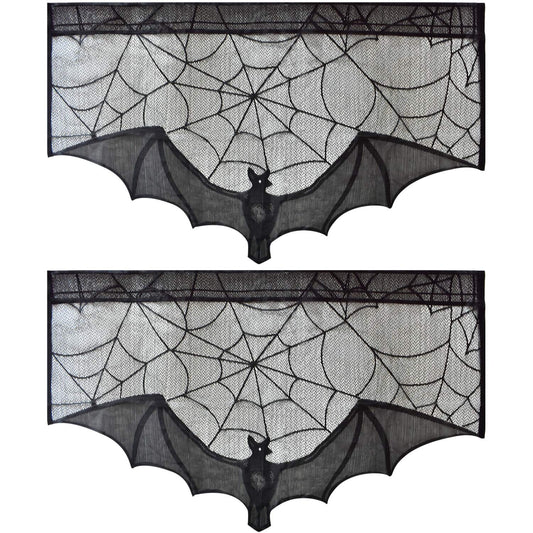 ZeeDix 2 Pcs Halloween Black Lace Bat Window Curtains- Spiderweb Tablecloth Bat Shower Curtain Window Valance Spider Cobweb Fireplace Mantles Scarf for Halloween Party Decor, Party Supplies