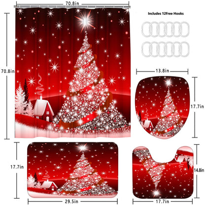 Yddsky 4PCS Red Christmas Tree Shower Curtain Sets, Christmas Village Printed Shower Curtain Sets with Rugs, Toilet Lid Cover and Bath Mat for Bathroom Set Decor Christmas Bathroom Decor Theme