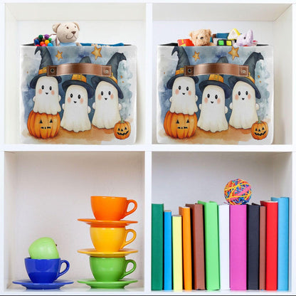 xigua Cute Cartoon Ghosts Storage Basket Foldable Storage Bin, Canvas Rectangular Storage Basket with Leather Handles for Home Closet & Office Decoration