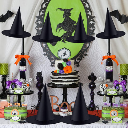 ZeeDix 12 Pcs Halloween Witch Hats, Black Hanging Witches Hat with 98 Ft Hanging Rope, Halloween Costume Accessories Party Decoration