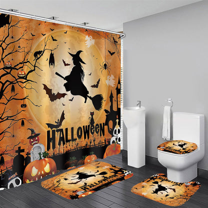Yizheer Halloween 4Pcs Pumpkin Shower Curtain Sets with Non-Slip Rugs, Toilet Lid Cover and Bath Mat, Haunted House Waterproof Shower Curtains Bathroom Decor Set Halloween Decor