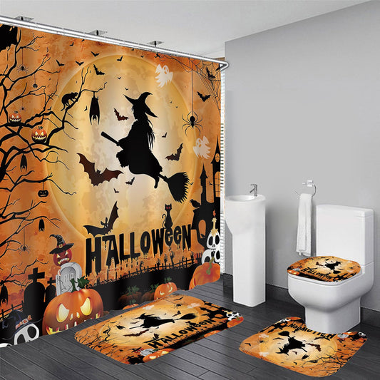 Yizheer Halloween 4Pcs Pumpkin Shower Curtain Sets with Non-Slip Rugs, Toilet Lid Cover and Bath Mat, Haunted House Waterproof Shower Curtains Bathroom Decor Set Halloween Decor