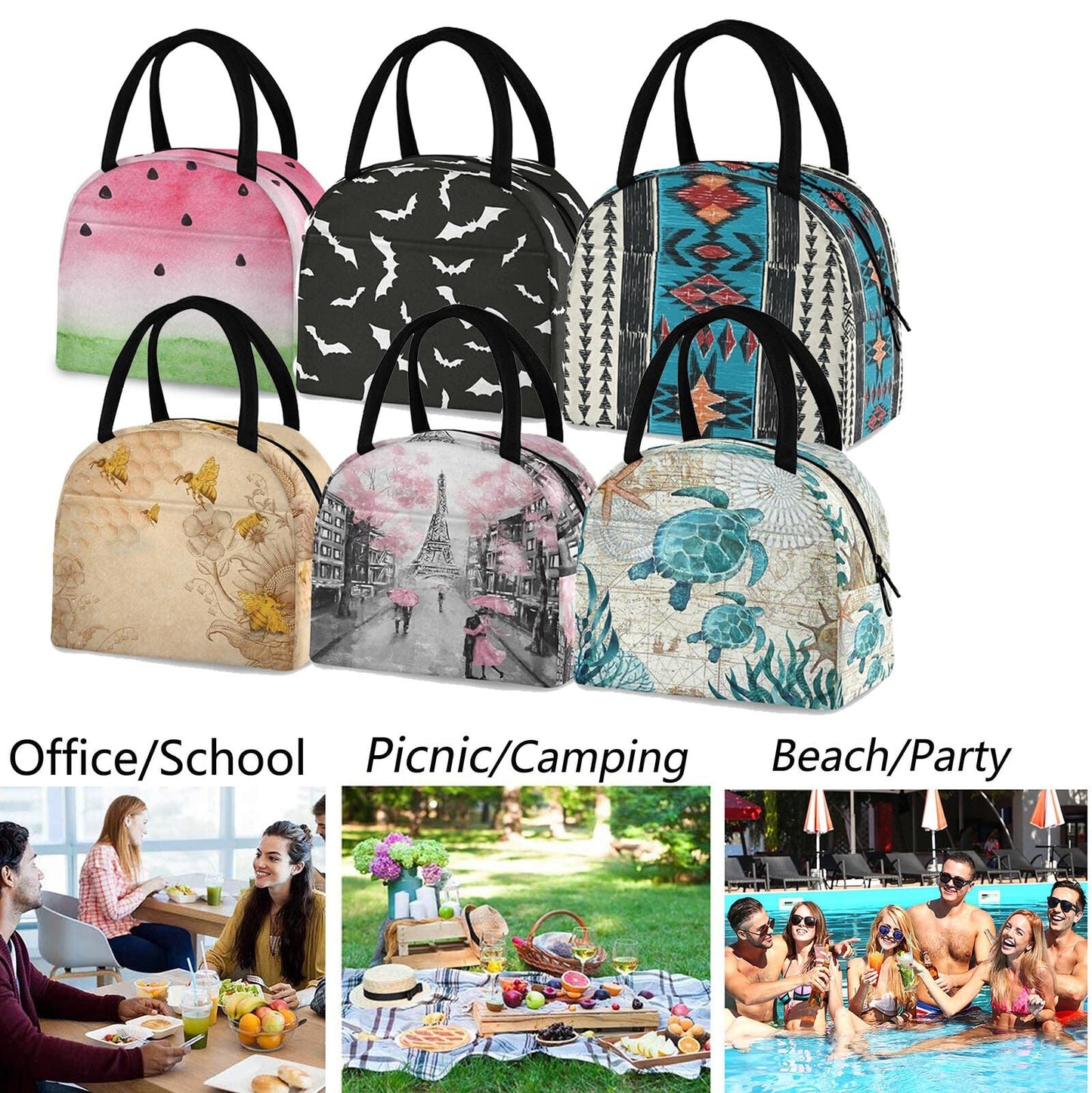 ZzWwR Halloween Bats Pumpkin Lunch Tote Bag with Front Pocket Reusable Insulated Thermal Zipper Closure Cooler Container Bag for School Work Picnic Travel Fishing Beach (0g272618361p407c442s828)