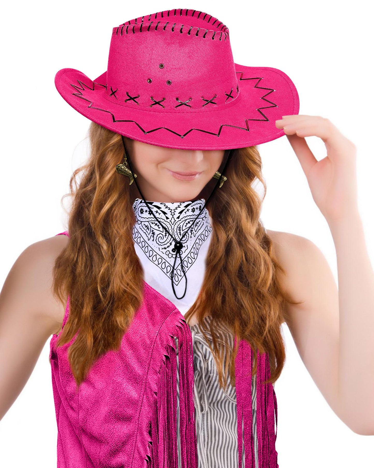 Xtinmee 4 Pcs Halloween Western Cowgirl Outfits Set Women Tassel Vest Cowboy Hat Dangle Drop Earring Paisley Bandana Dress up(Medium,Pink)