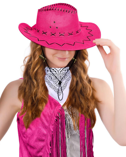 Xtinmee 4 Pcs Halloween Western Cowgirl Outfits Set Women Tassel Vest Cowboy Hat Dangle Drop Earring Paisley Bandana Dress up(Medium,Pink)